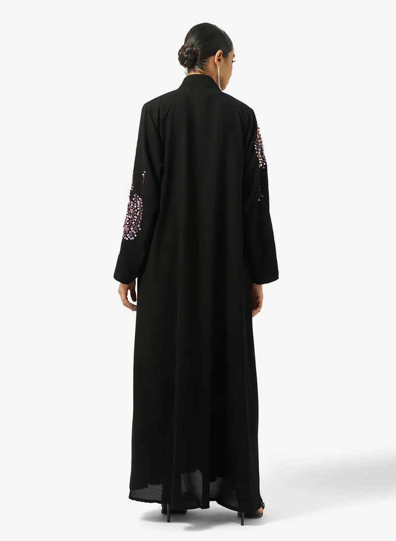 hayas closet Floral Embroidered And Embellished Open Front Round Neck Abaya